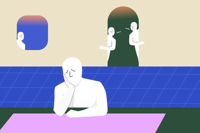 A figure is sitting at the counter, looking overwhelmed. Two figures appear. : topics / ADHD,Body Doubling,Cognitive Overload