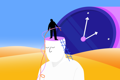 A little figure is standing over a large figure looking at the passage of time. : topics / ADHD,Time Blindness